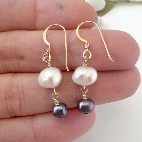 Double Pearl and Gold Drop Earrings