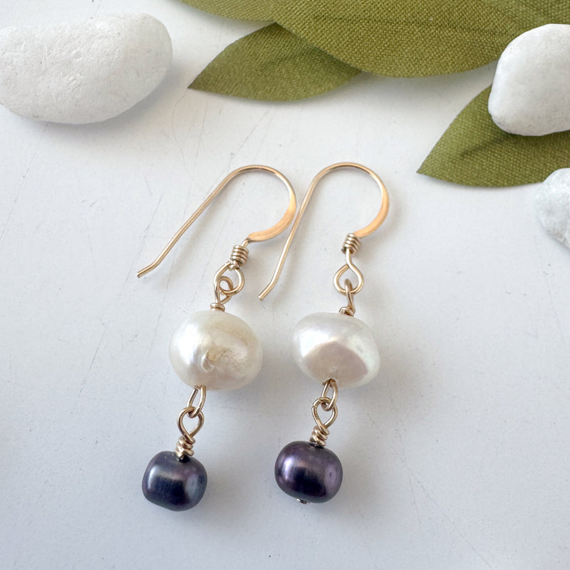Double Pearl and Gold Drop Earrings