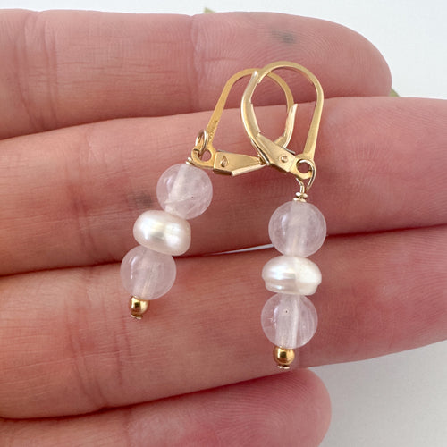 Rose quartz and Pearl Dangle Earrings