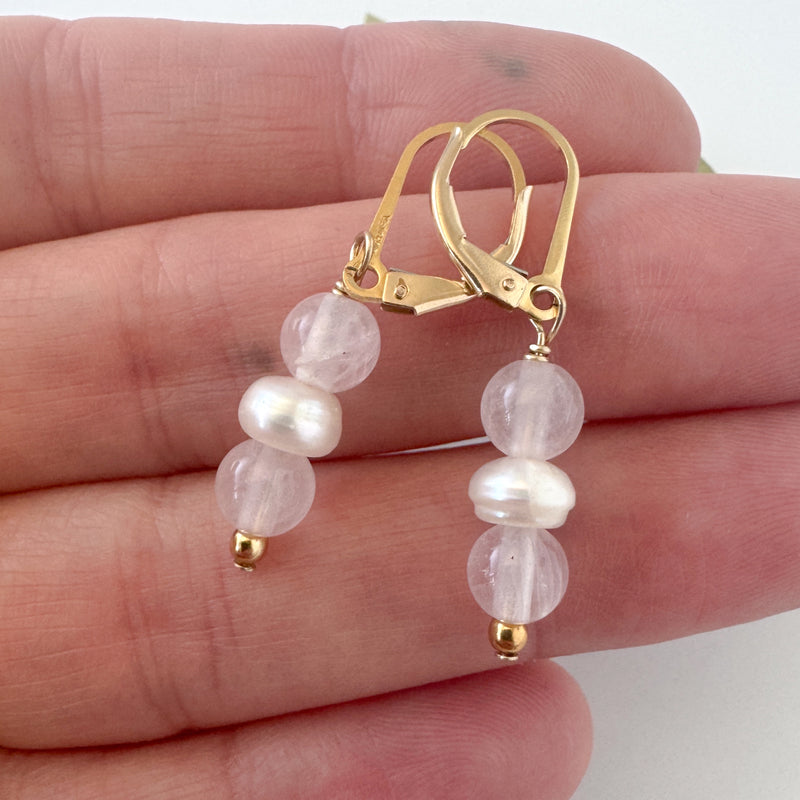 Rose quartz and Pearl Dangle Earrings