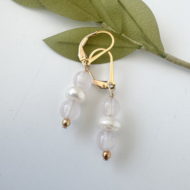 Rose quartz and Pearl Dangle Earrings