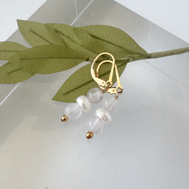 Rose quartz and Pearl Dangle Earrings
