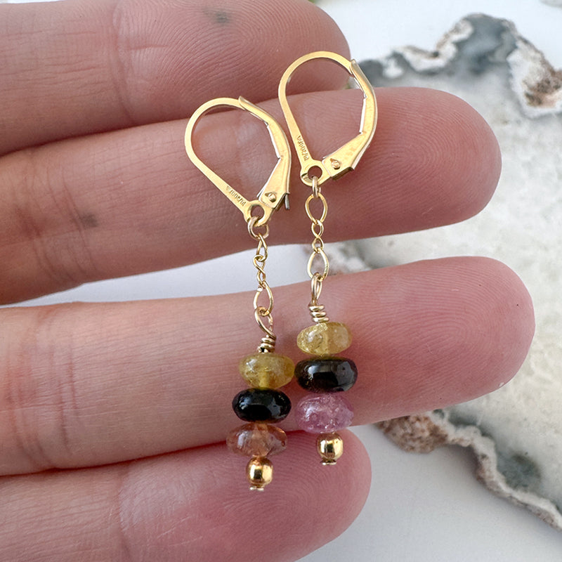 Tourmaline Buttons on gold chain Dangle Earrings