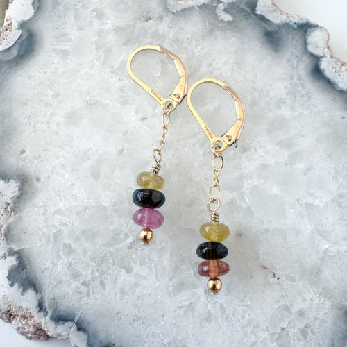 Tourmaline Buttons on gold chain Dangle Earrings