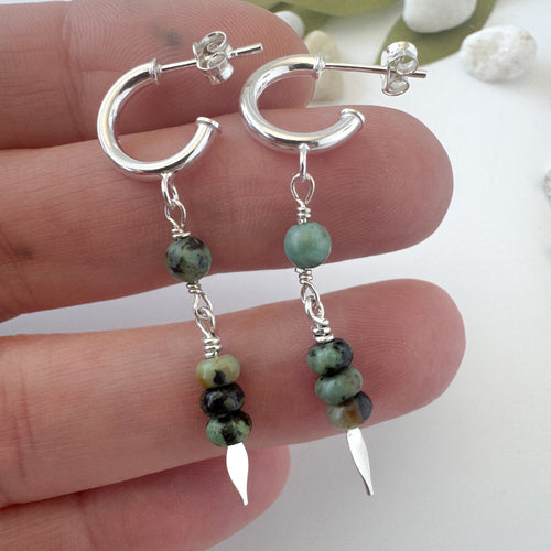 Turquoise and Sterling Silver Dangle Drop Hoop Earrings
