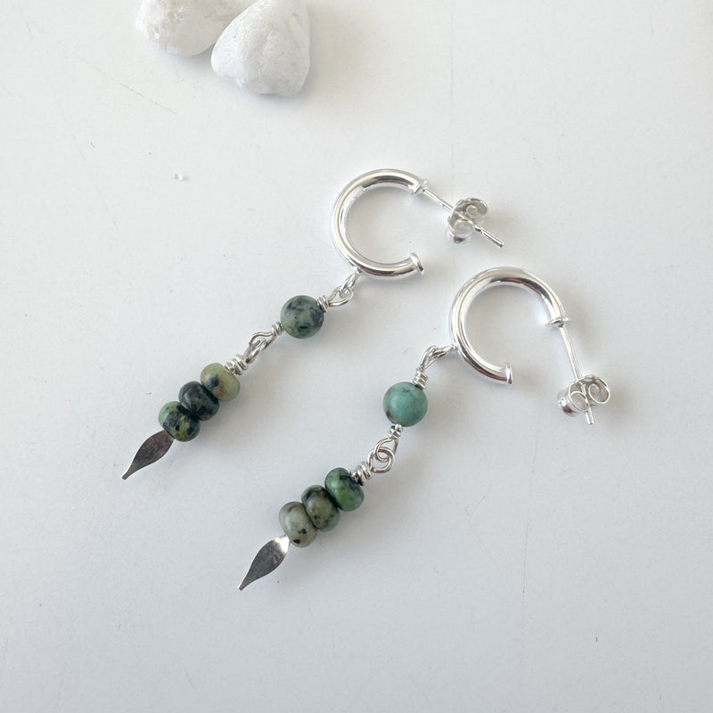 Turquoise and Sterling Silver Dangle Drop Hoop Earrings