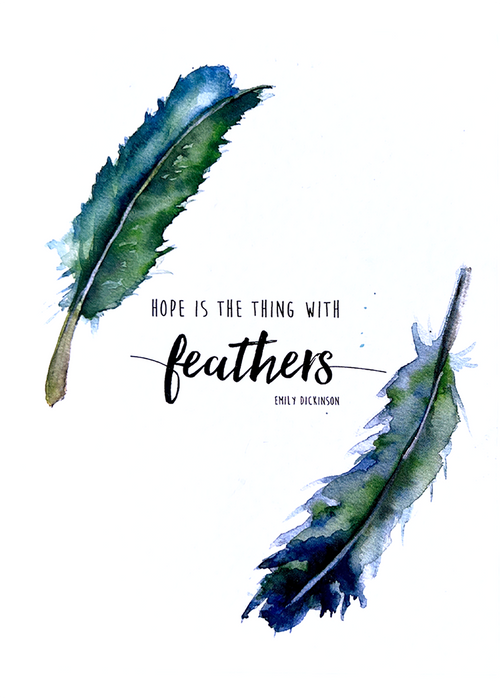 hope is the thing with feathers original watercolor art greeting card