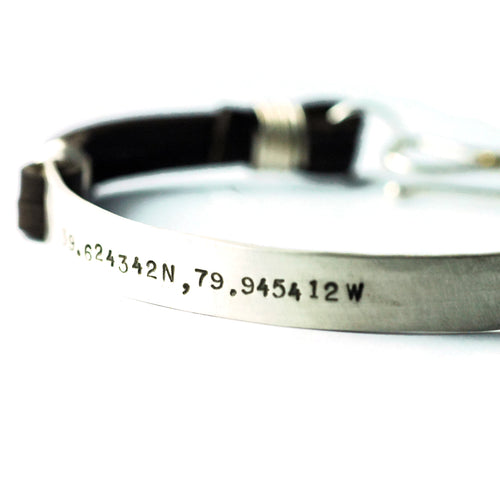 mens leather and silver cuff bracelet custom personalized