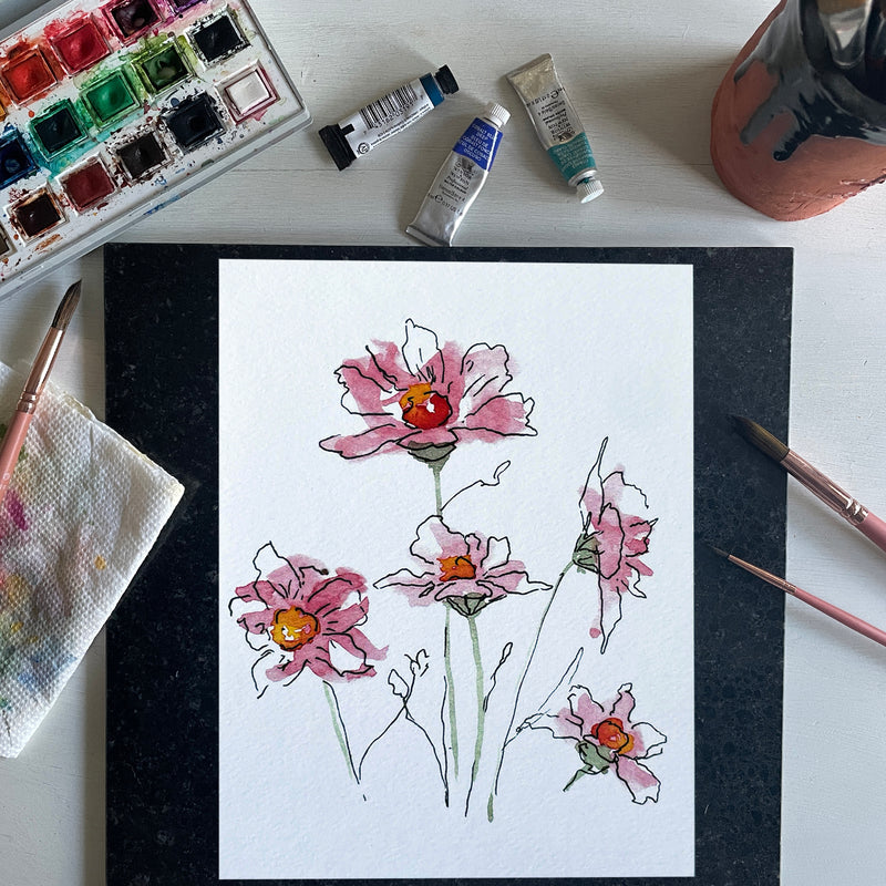 Pink Daisies Watercolor Print