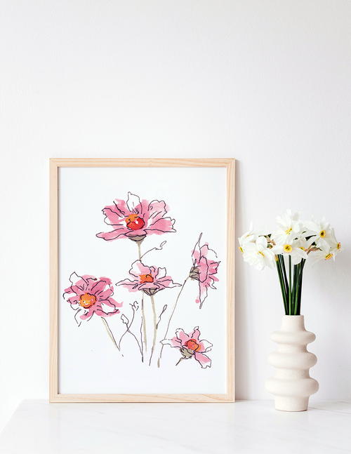 Pink Daisies Watercolor Print